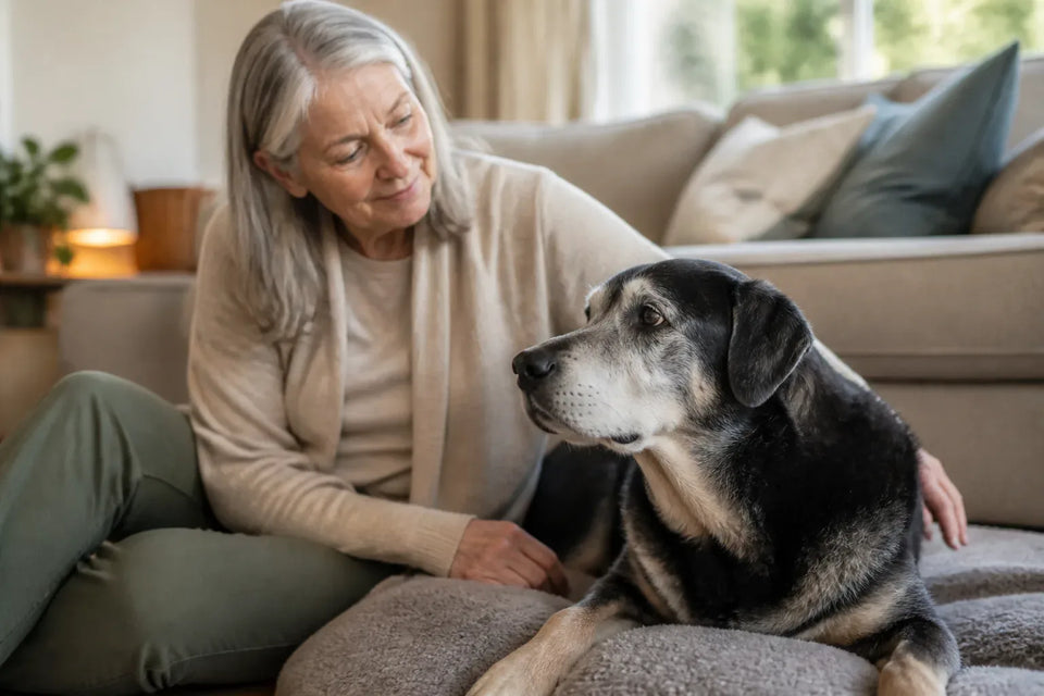 Senior dog and owner at home illustrating Dog Calming Aids Compared: Chews, Vests, Pheromones, Music, and More