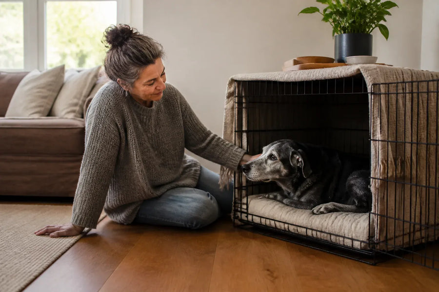 Senior dog and owner at home illustrating High Anxiety Dog Crate: A Practical Comparison