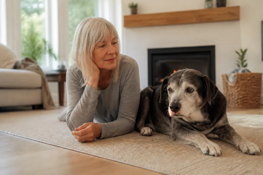 Senior dog and owner at home illustrating why is my dog acting weird