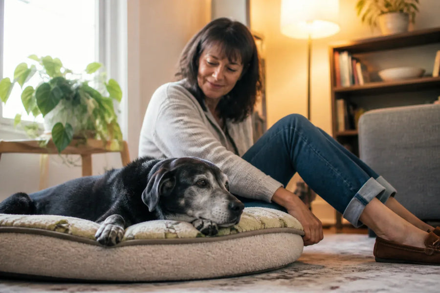 Senior dog and owner at home illustrating vetriscience composure calming chews for dogs