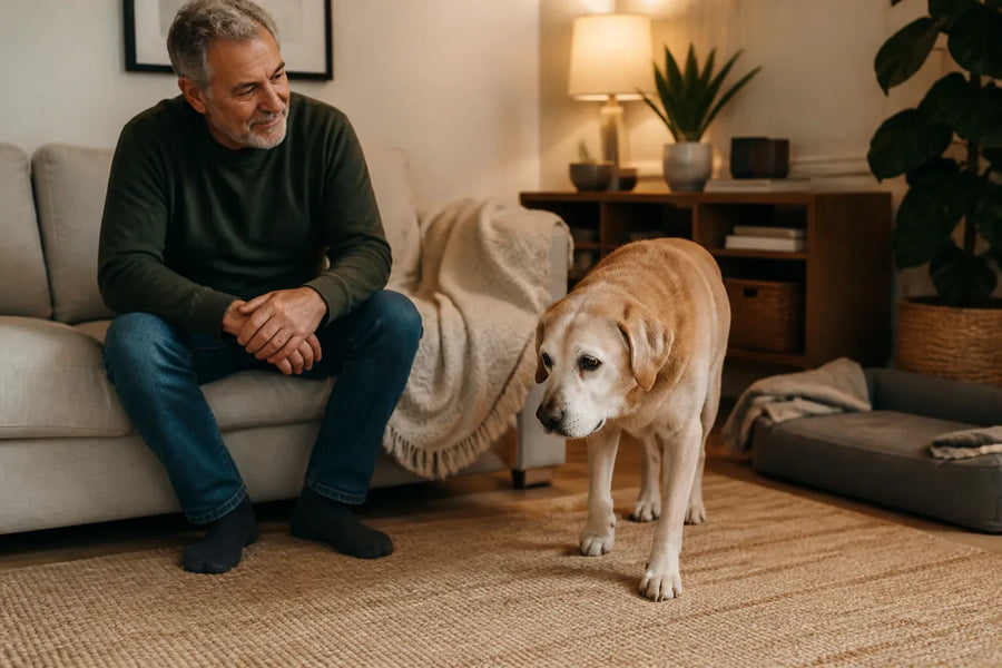 Senior dog and owner at home illustrating old dog walking in circles