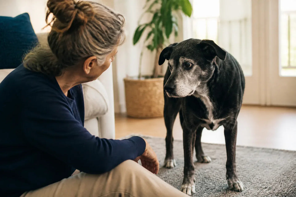 Senior dog and owner at home illustrating why is my dog acting confused