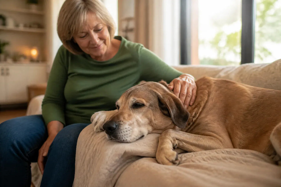 Senior dog and owner at home illustrating calming spray for dogs