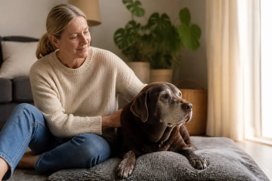 Senior dog and owner at home illustrating 4health calming aid supplement bars for dogs