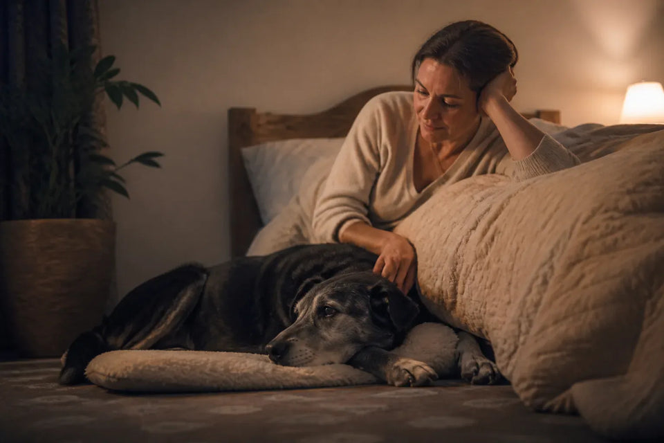 Senior dog and owner at home illustrating Why Is My Dog Restless at Night