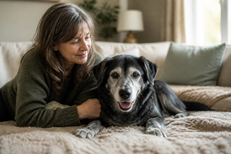 Senior dog and owner at home illustrating zesty paws calming bites for dogs