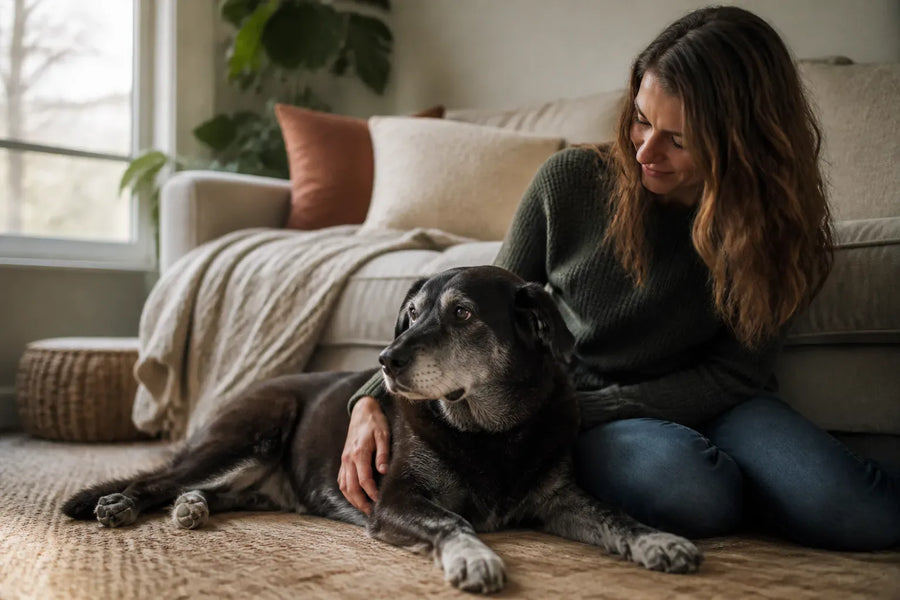 Senior dog and owner at home illustrating calming supplements for dogs