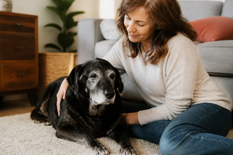 Senior dog and owner at home illustrating Best over the Counter Anxiety Meds for Dogs