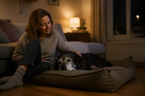 Senior dog and owner at home illustrating calming bed for dogs