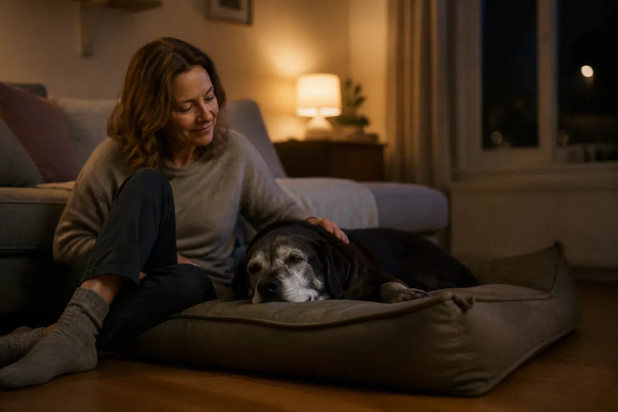 Senior dog and owner at home illustrating calming bed for dogs