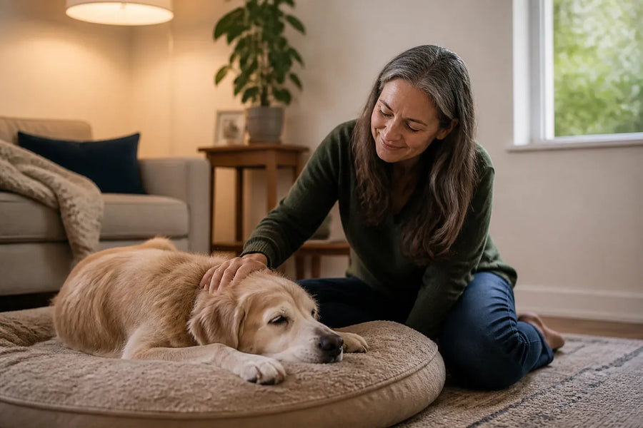 Senior dog and owner at home illustrating how to calm dog anxiety naturally