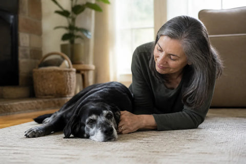 Senior dog and owner at home illustrating does my dog have dementia quiz