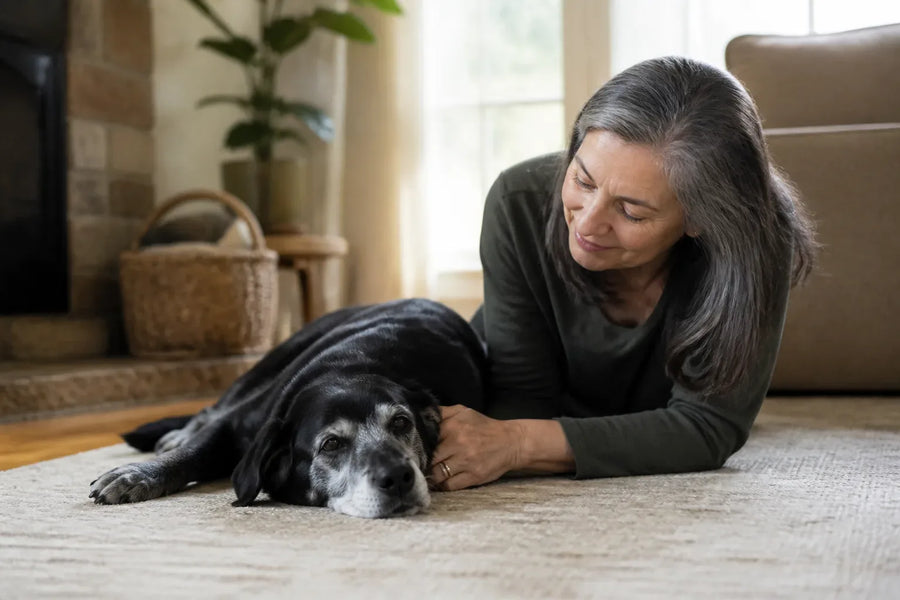 Senior dog and owner at home illustrating does my dog have dementia quiz