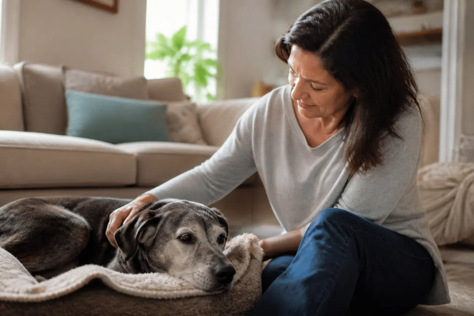 Senior dog and owner at home illustrating dog dementia supplements