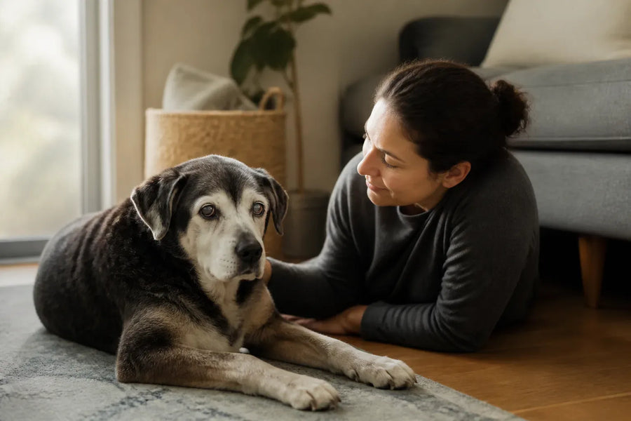 Senior dog and owner at home illustrating why is my dog acting confused