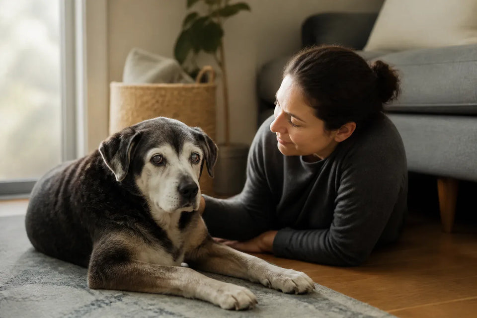 Senior dog and owner at home illustrating why is my dog acting confused