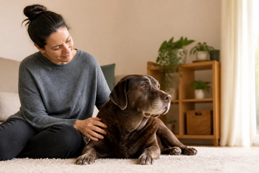 Senior dog and owner at home illustrating Best Calming Treats for Dogs Vet-recommended