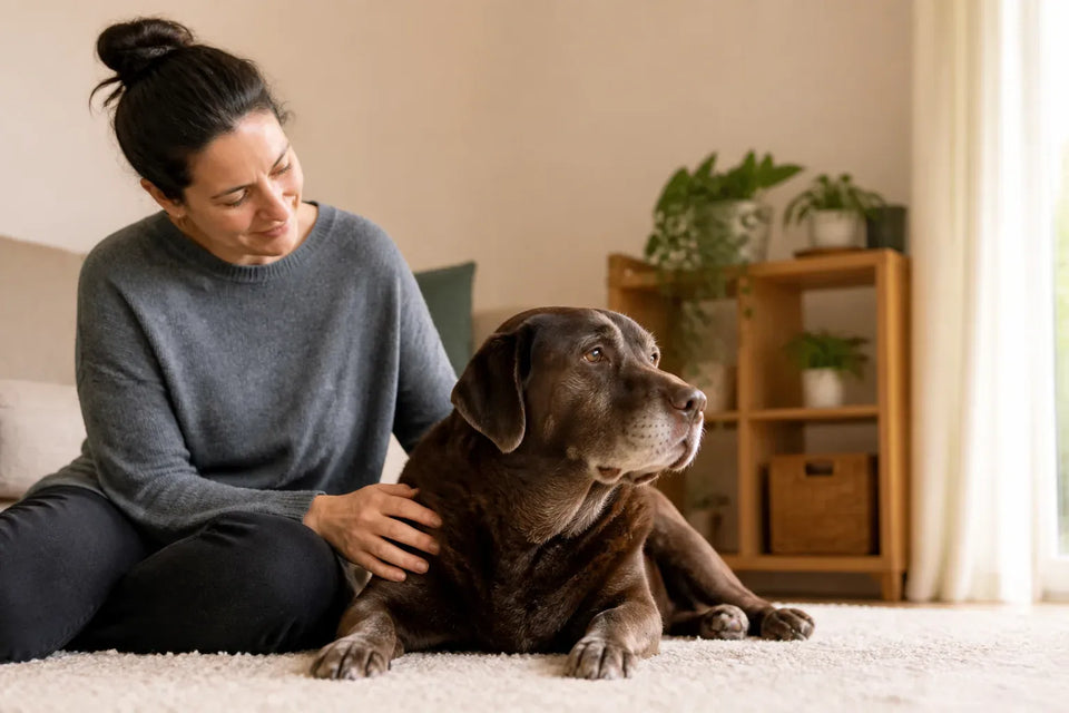 Senior dog and owner at home illustrating Best Calming Treats for Dogs Vet-recommended