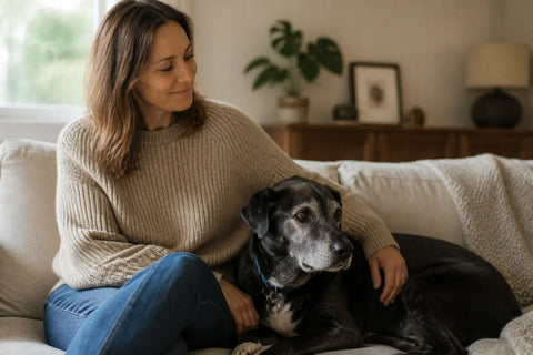 Senior dog and owner at home illustrating can i give my dog benadryl for anxiety