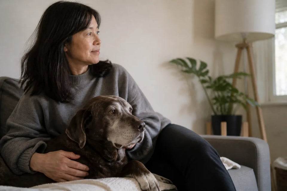 Senior dog and owner at home illustrating dog dementia treatment