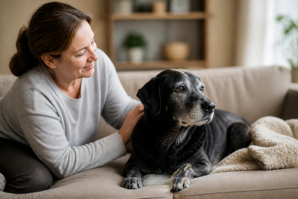 Senior dog and owner at home illustrating How Much Melatonin Can I Give My Dog for Anxiety