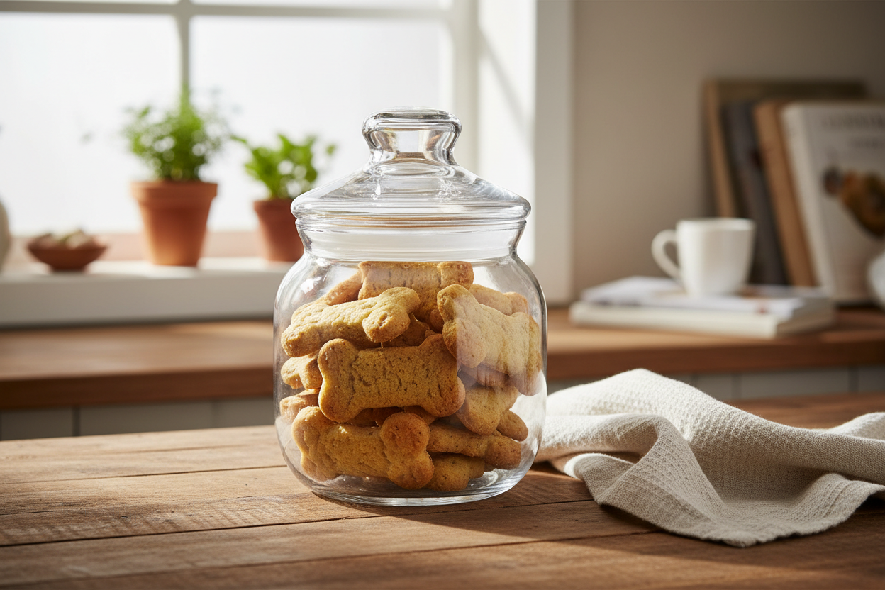 Homemade dog cookies stored in a glass jar on a kitchen counter