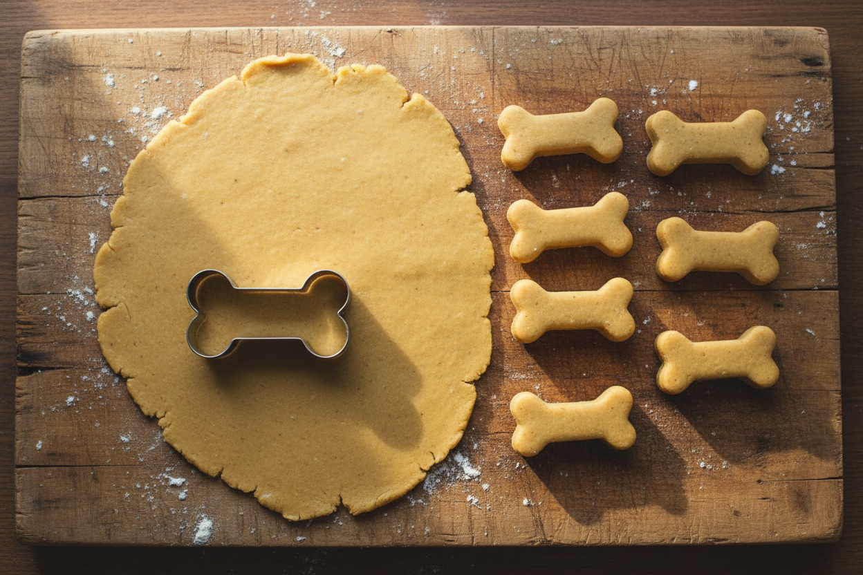 Rolled dog cookie dough with a bone shaped cookie cutter and cut out shapes