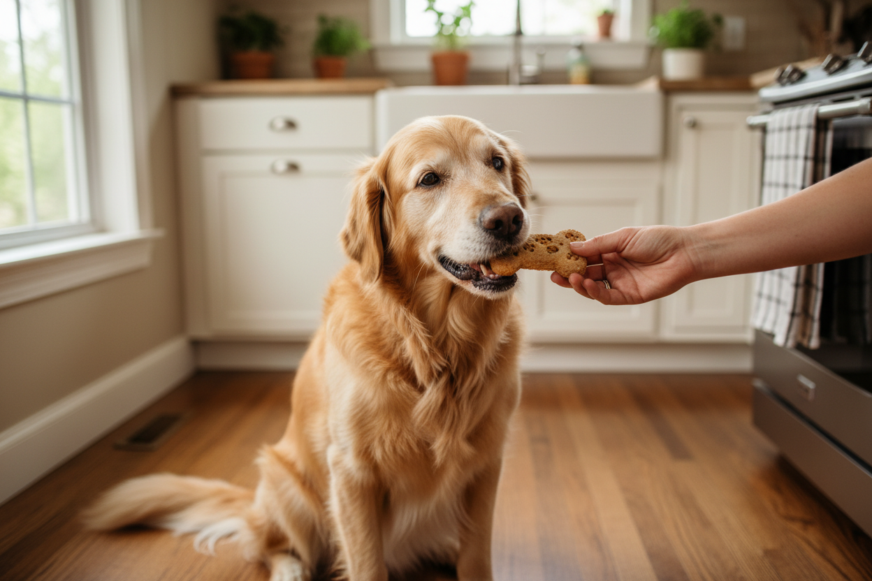 Senior golden retriever taking a homemade dog cookie from a hand in a kitchen